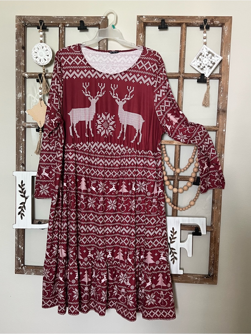 BloomChic Burgundy Reindeer Fair Isle Long Sleeve Dress